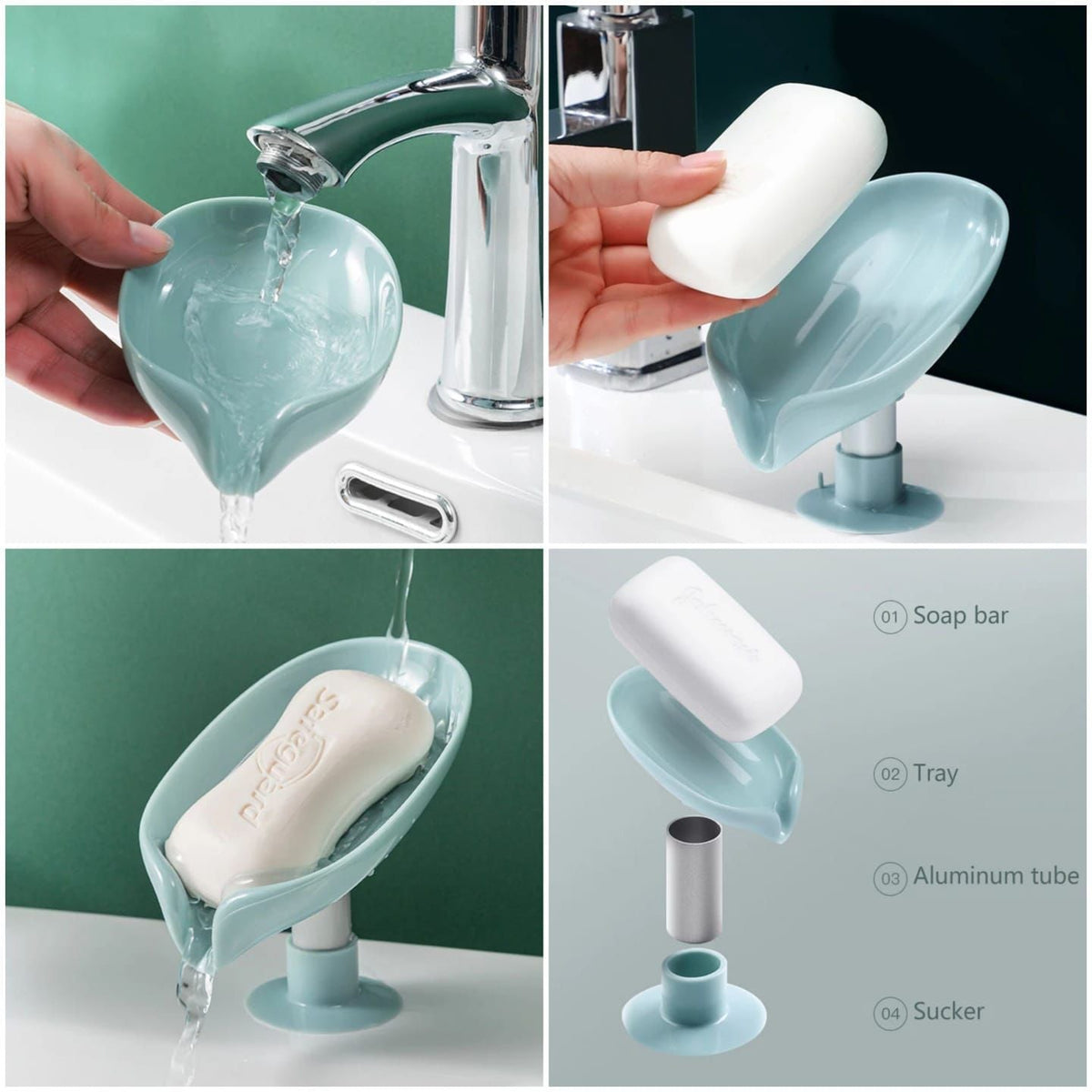 Collage of a multi-functional soap holder with various uses including holding soap, a bar, and a tube.