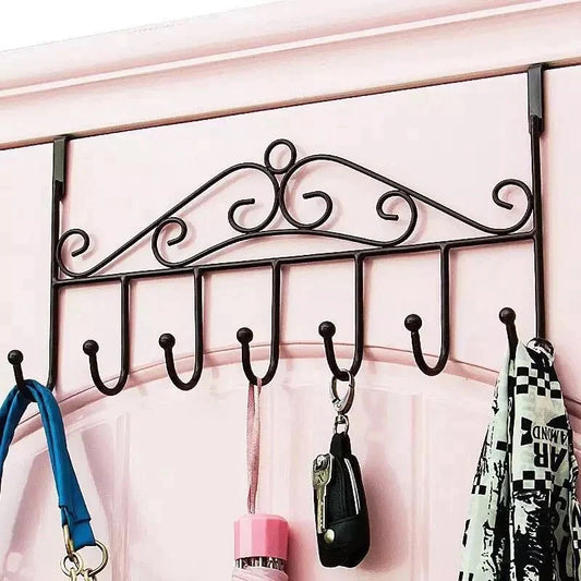 Decorative scroll pattern door hook organizer for coats and towels