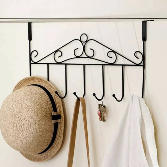 Black metal over door hanger with 7 hooks - no drill design by Ghar Sajao