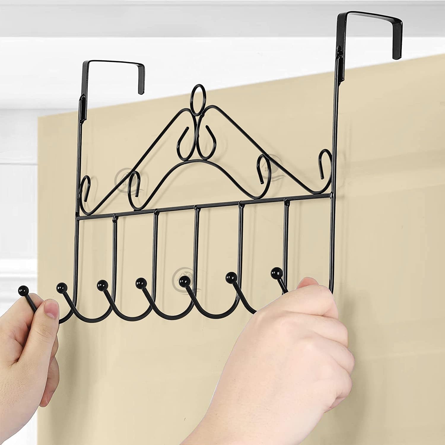 Decorative scroll pattern door hook organizer for coats and towels
